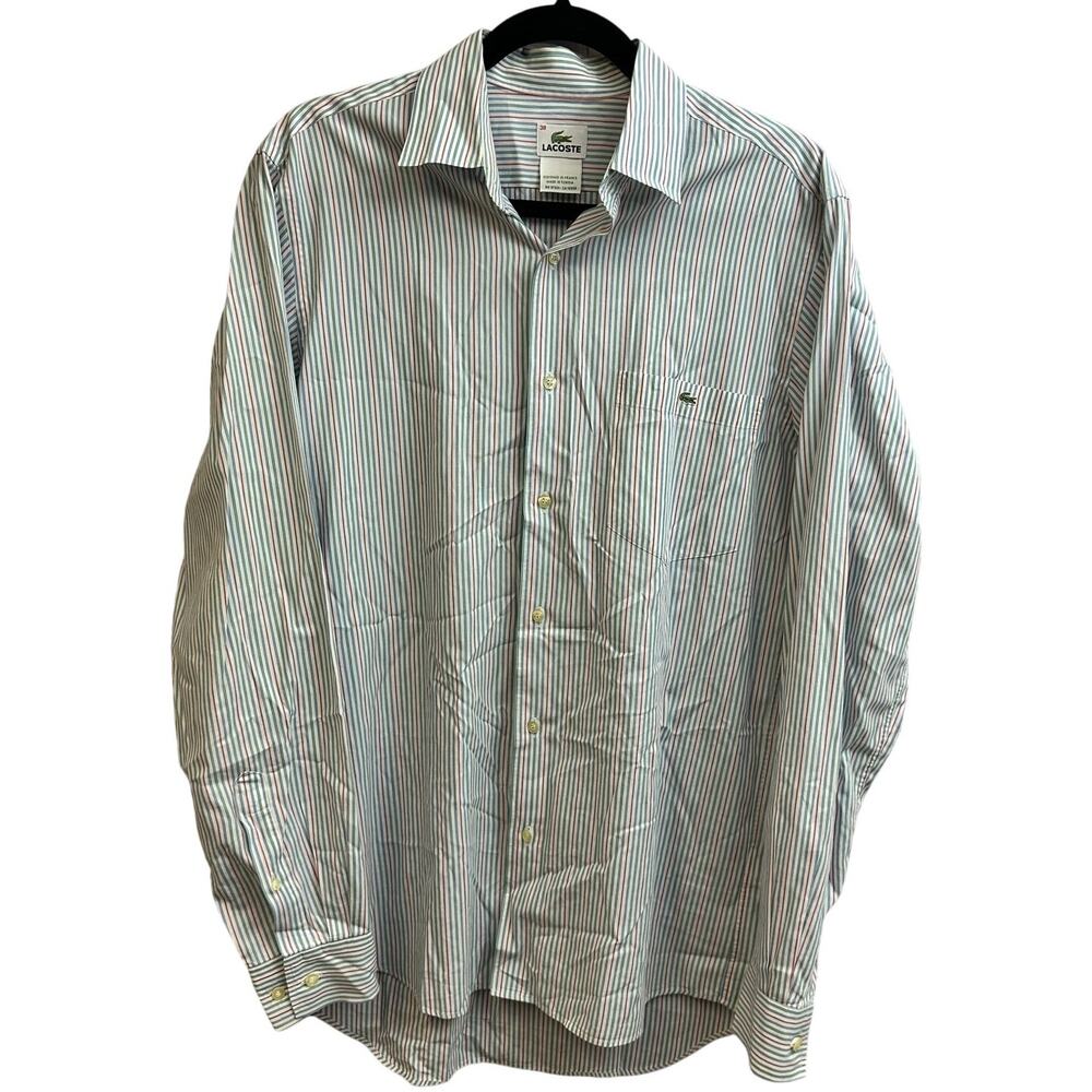 Lacoste Men's Striped Button Down Long Sleeve Shirt Alligator Logo Size 38